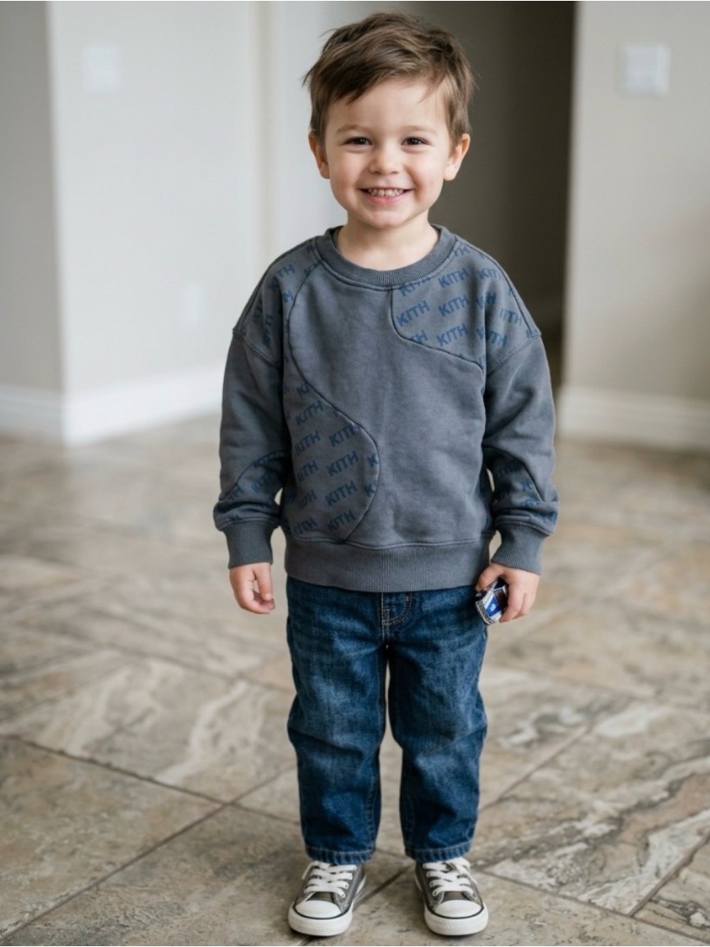Kith Blocked Monogram Nelson Sweatshirt Fleece Crewneck Gray Wavy Patchwork 3T